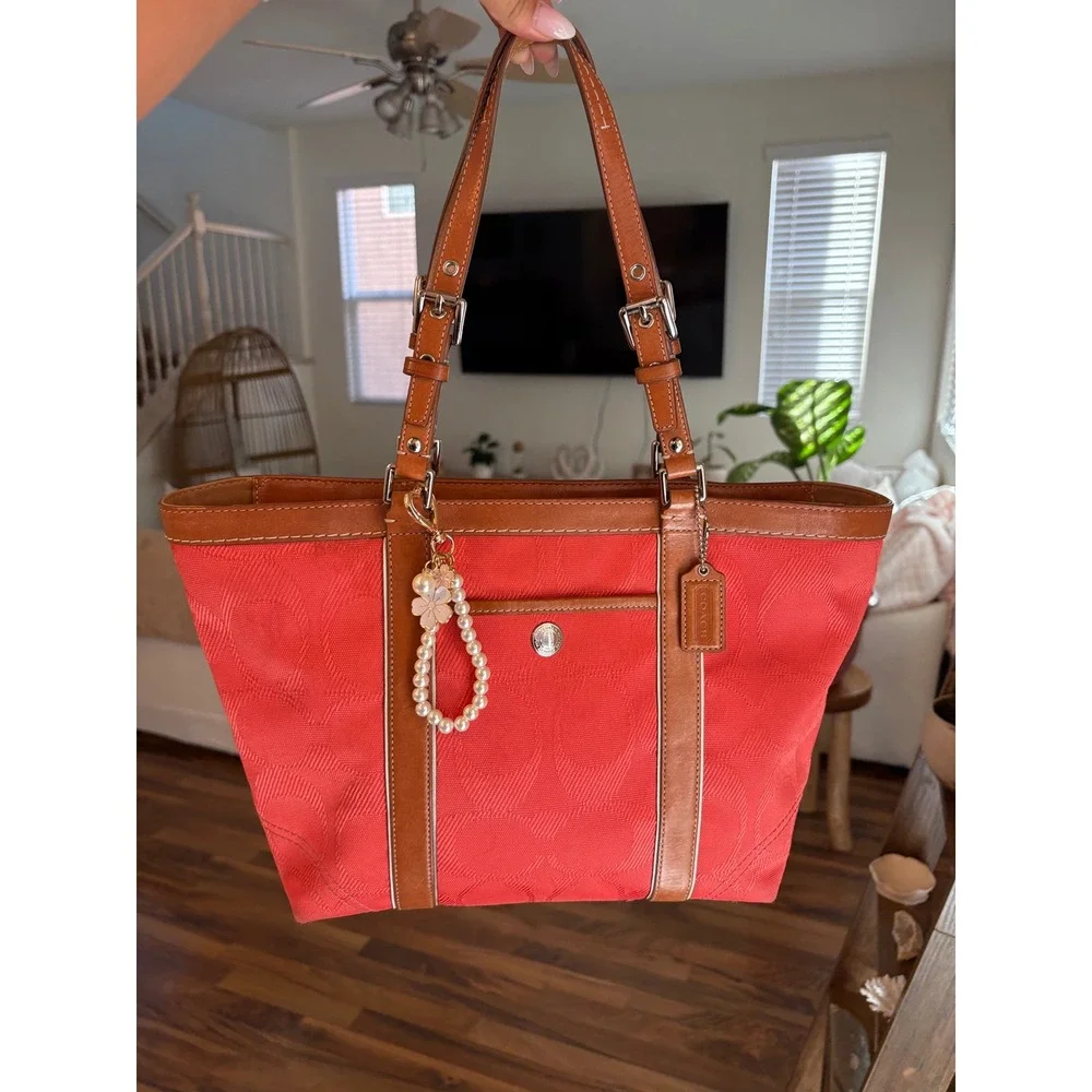 Coach Signature Jacquard Tote Bag Coral Coral Leather Trim‎ Shoulder Bag